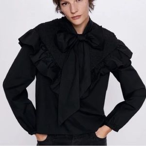 Zara black top, front ruffle + tie bow detailing size XS